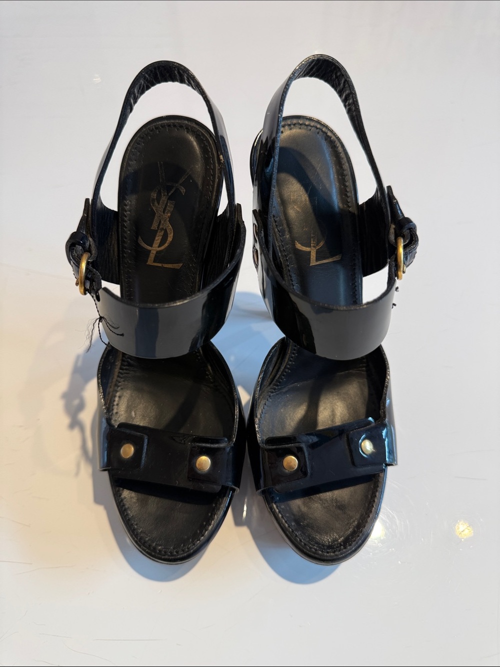 YSLSaint Laurent Black Patent Leather Stud Platform Sandals Gold Accents sz 36